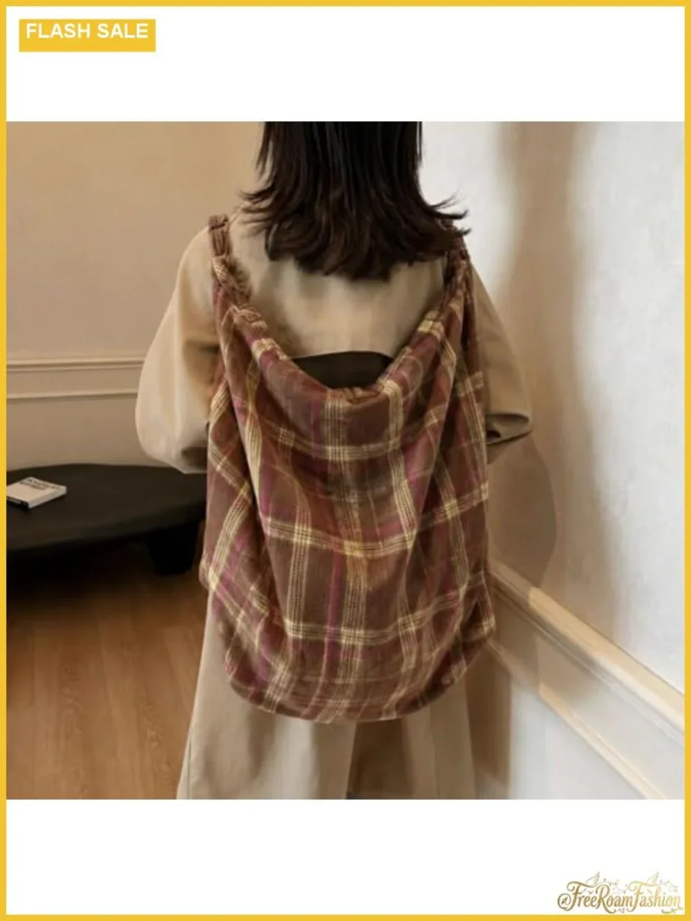 Woolen Plaid Tote Bag - Large Slouchy Hobo Shoulder Purse